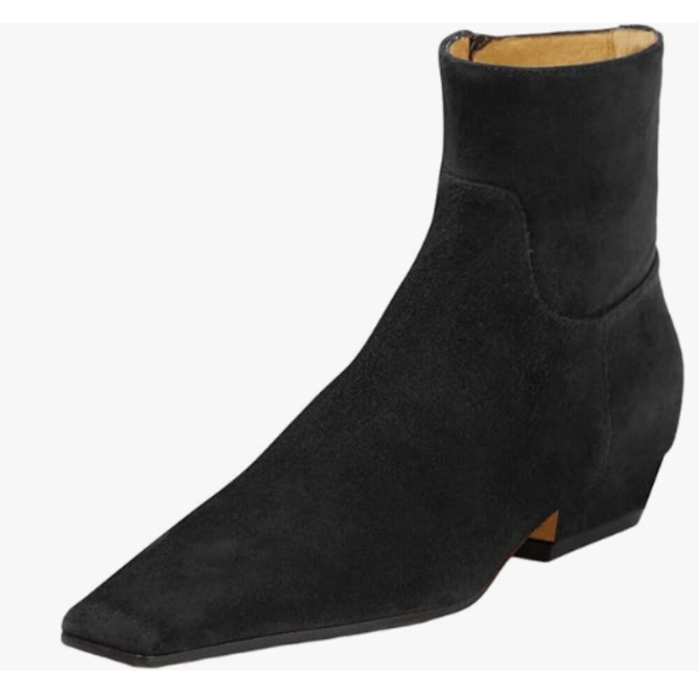 FOWT Black Square Toe Low Chunky Block Heels Side Zipper Ankle Boots Formal Shoe